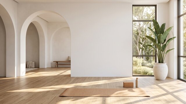 Minimalist zen home gym interior with yoga mat and natural sunlight