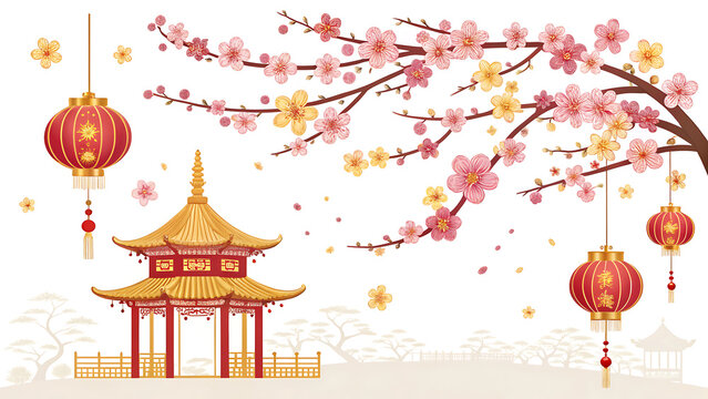 Chinese traditional architecture with cherry blossoms and lanterns for Asian cultural festival decoration  beautiful scenic view with pagoda and flowers transparent background