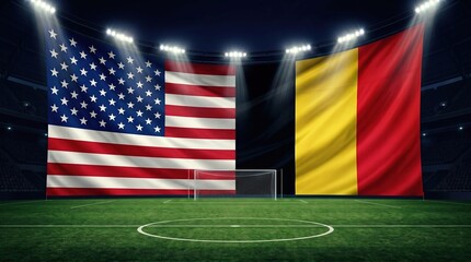 Obraz premium United States and Belgium flags displayed in illuminated soccer stadium at night, international match background, sports competition.