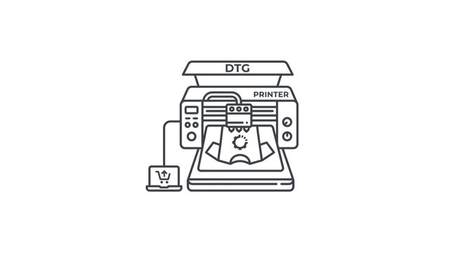 DTG Printer Printing T-shirt with Laptop and Shopping Cart Icon, Vector Line Art