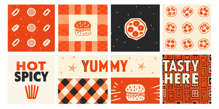retro fast food pattern grid featuring pizza burgers and fries burger illustration orange black white design menu restaurant icon graphic visual