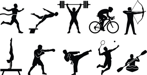 sports and athletic action pictogram icon set in solid black silhouette style featuring running swimming weightlifting cycling archery gymnastics boxing karate tennis and kayaking  © MstMonjila