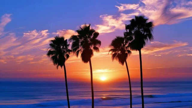 A tranquil sunset over the ocean with palm palms in the backdrop that may be used as a landscape or background
