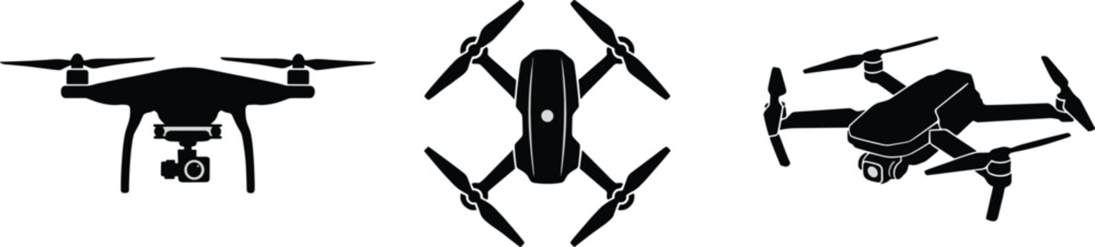 Quadcopter drone silhouettes set with different views of unmanned aerial vehicles and action video cameras isolated on white background