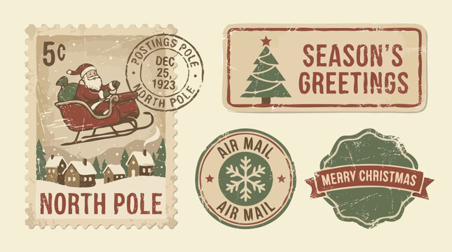 Vintage Christmas postal stamps and retro holiday postmark stickers set with Santa Claus