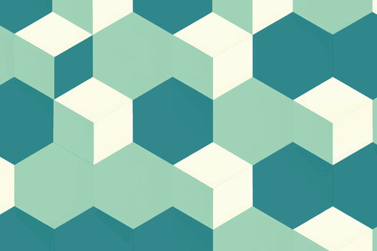 3D Isometric Cube Hexagon Pattern in Pastel Teal and Cream.