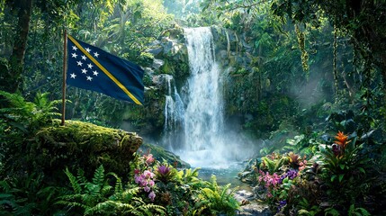 Naklejka premium Solomons flag waving beside a stunning tropical waterfall in a lush green forest environment with flowers