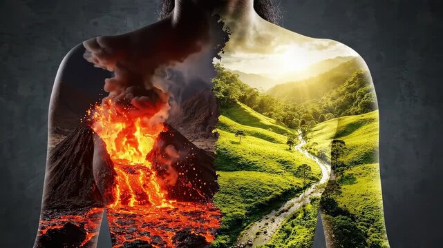 Human body split between fire and nature landscape double exposure.