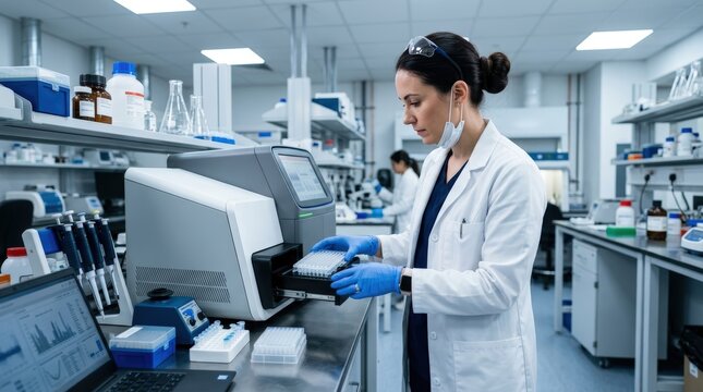 Scientist operating DNA sequencing machine in modern genomics laboratory
