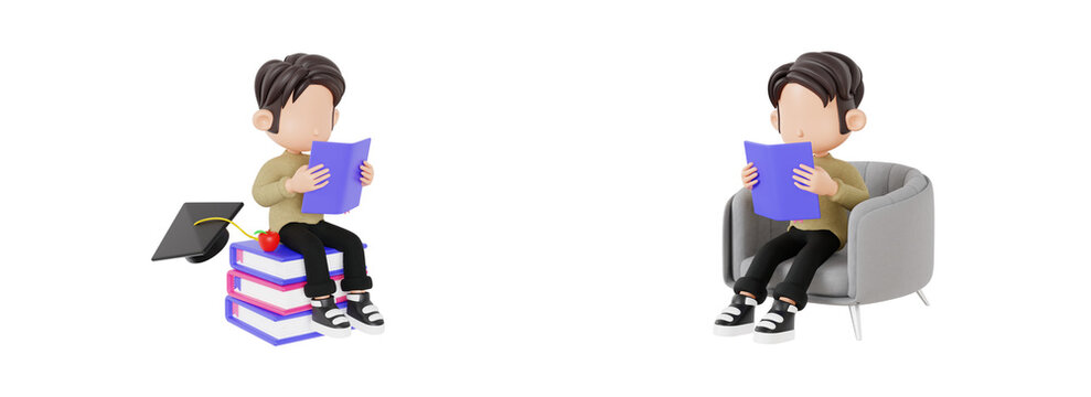 3D Student Reading and Learning Concept with Books and Relax Study