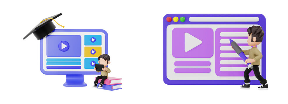 3D E-Learning Platform Illustration with Online Education Interface