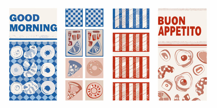 retro breakfast and coffee poster set with donuts and stripes vintage illustration pattern food morning appetito good blue red white background