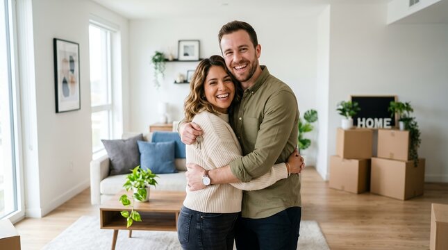 Happy couple embracing in their new home. Excellent for real estate marketing, mortgage services, home ownership, relocation, family lifestyle, interior design and residential property advertising.