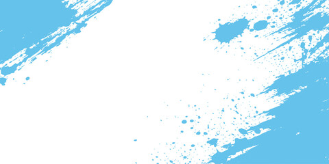 Fototapeta premium Sky blue paint brush strokes and grunge splatter border on white background with central copy space for text