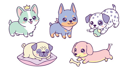 Fototapeta premium Cute kawaii cartoon puppy sticker set featuring corgi, pug, dachshund, and dalmatian