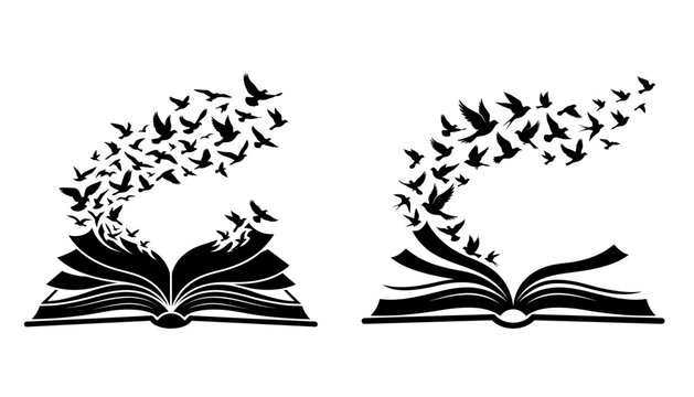 Open book with flying birds silhouette
