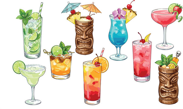 Watercolor tropical cocktail vector illustration collection featuring mojito margarita tiki bar drinks pina colada and mai tai isolated on white background