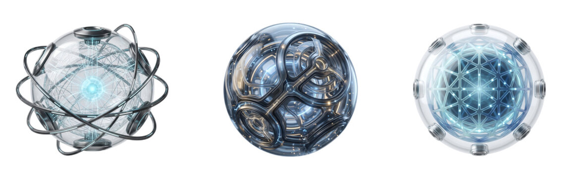 Three futuristic metallic orbs with intricate designs on a transparent background