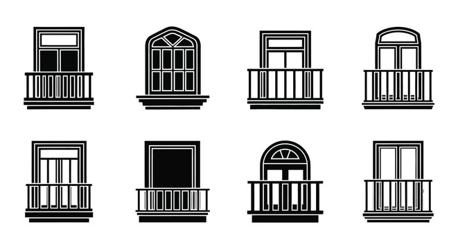 Assorted Window Silhouettes With Balconies Black And White Silhouette