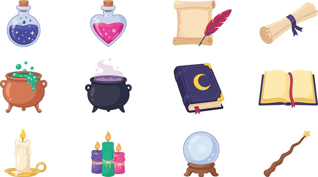 Magic and Wizardry Game Asset Icon Set with Magic Potions, Witch Caudrons, Spellbooks, Paper Scrolls, Burning Candles, and Crystal Ball Vectors
