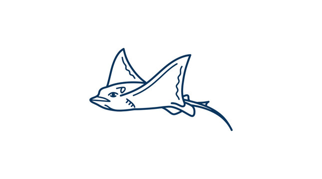 Minimalist Blue Line Drawing of a Stingray Swimming
