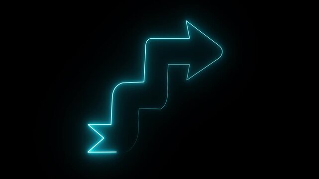 Neon glowing zigzag arrow sign animation on black background, digital directional concept
