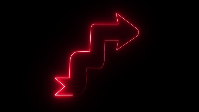 Red neon zigzag arrow sign glowing on black background, for directional