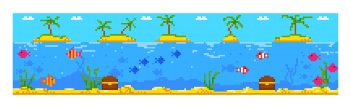 Pixel game scene with ocean, fish, palm trees, islands, sea, clouds. 8 bit game scene with natural challenge against a blue sky. Game pixel level. 
