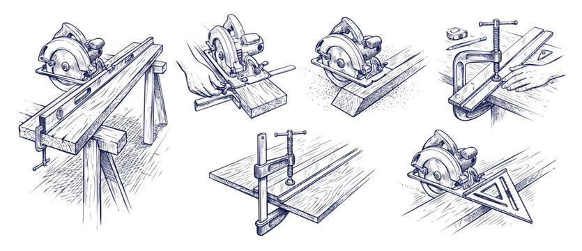 woodworking circular saw sketch illustration cutting wood board with clamps and level in hand drawn line art style for carpentry workshop manuals, builder diy construction and craftsmanship concept