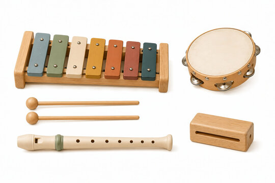 Kids percussion instruments set with colorful wooden xylophone tambourine and plastic flute