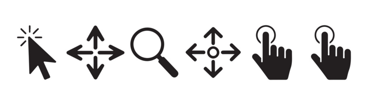 Set of computer mouse pointers hand cursors and navigation directional tools for web interface design.