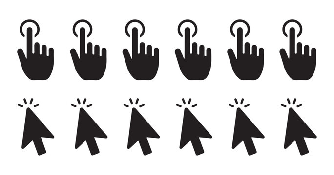 Touch screen gesture icons set collection featuring pointer hands and cursors for mobile interfaces.