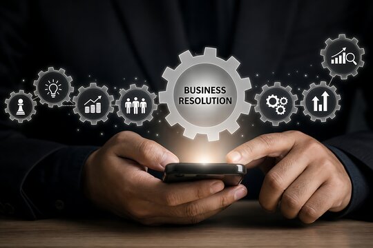Businessman holding smartphone with business resolution digital gear icons interface