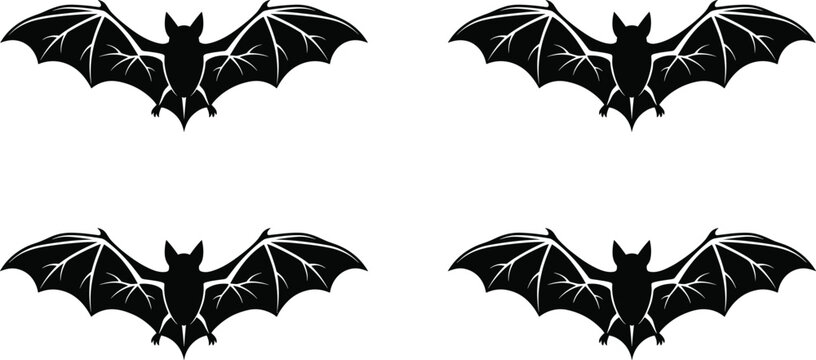 Set of black bat silhouettes with stylized white wing bone details isolated on a clean white background
