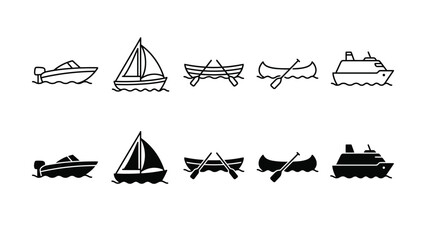 Black and white illustrations of various boats and sailing vessels on water © rasheda