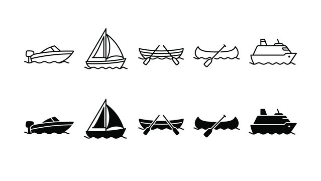 Black and white illustrations of various boats and sailing vessels on water