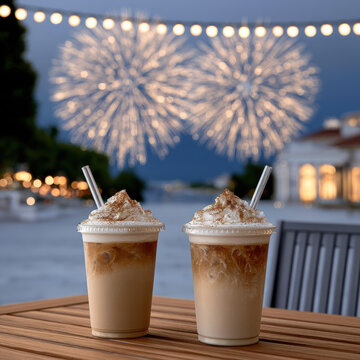 Iced latte whipped cream cinnamon plastic cup outdoor wooden table evening fireworks festive celebration