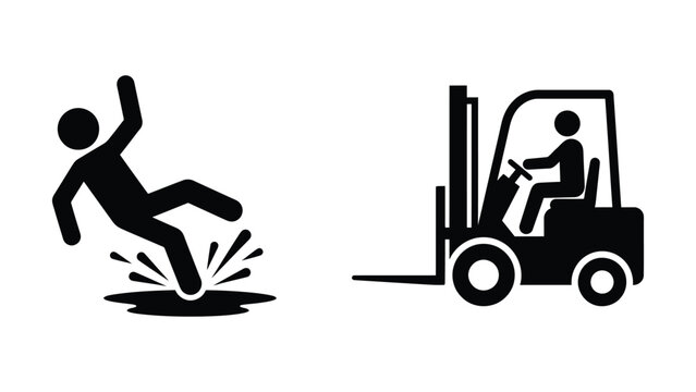 Black silhouette of man slipping on oil and forklift driver on white background