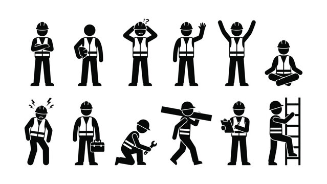 Black silhouettes of construction workers in various poses on white background