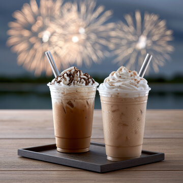 Iced latte whipped cream chocolate drizzle plastic cup straw wooden table outdoor fireworks night celebration festive
