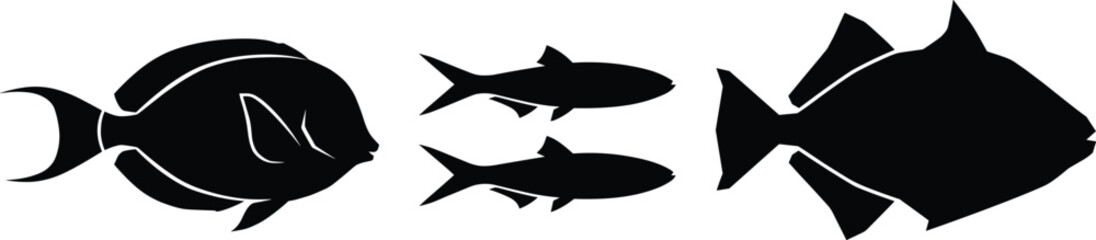 Set of black tropical fish silhouettes including tang and triggerfish varieties isolated on white background vector illustration © MDSHAFIQUL