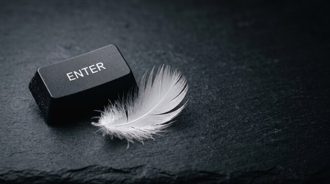 Oversized black enter key and white feather on a dark textured stone background in minimalist style