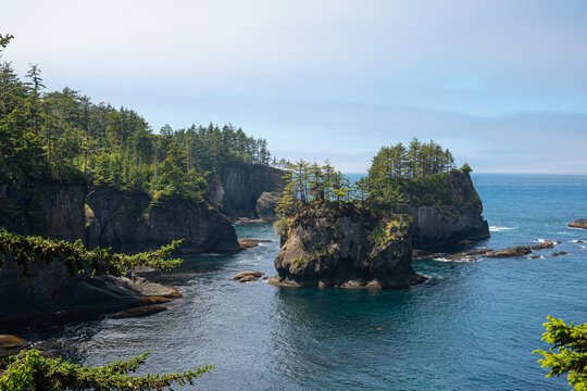 Beautiful rocky coastline from Cape Flattery, Washington State with sea and rocks