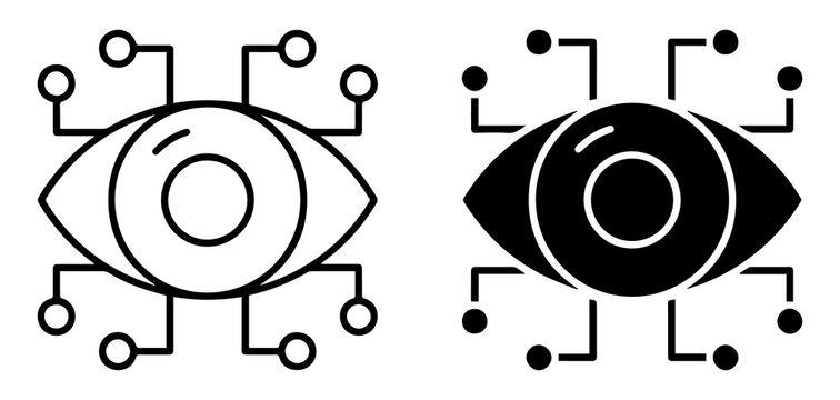 Digital eye monitoring icon with circuit connections, futuristic vision technology symbol, cyber security and AI scanning concept PNG