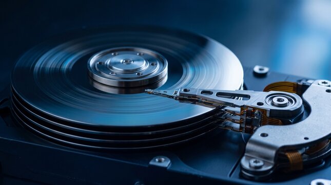 Close up of an open hard drive disk with platters and read write head.