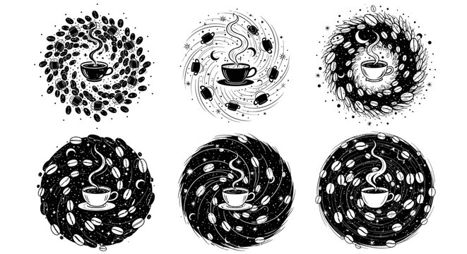 Coffee cup and beans galaxy whirlpool concepts set in black and white hand drawn style featuring spiral astronomical celestial space illustrations
