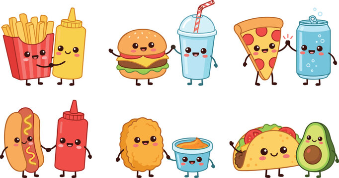 Cute kawaii fast food best friends vector character set featuring burger soda fries pizza taco and hotdog couples isolated on white background