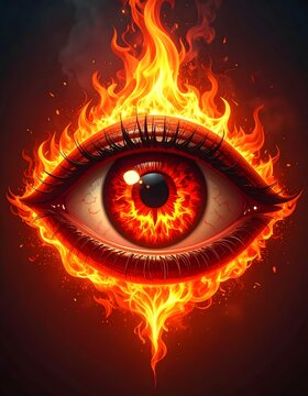 Fiery eye with swirling flames background.