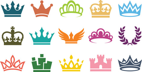 colorful royal crown and tiara icon set featuring variety of king queen princess crowns laurel wreath and castle silhouettes for logo design  © MstMonjila