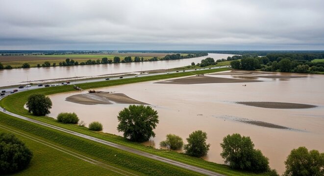 Drone captures wide aerial view of a swollen river overflowing its banks, inundating surrounding agricultural land under a cloudy sky